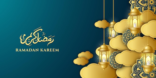 Ramadan kareem oder eid mubarak arabische kalligraphie mit mond, islamischer verzierung, laternenfahne