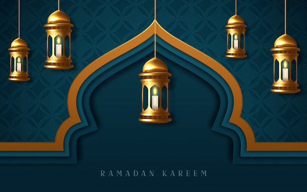 Ramadan-kareem Plakat, arabische Kalligraphie mit hängenden Ramadanlaternen.