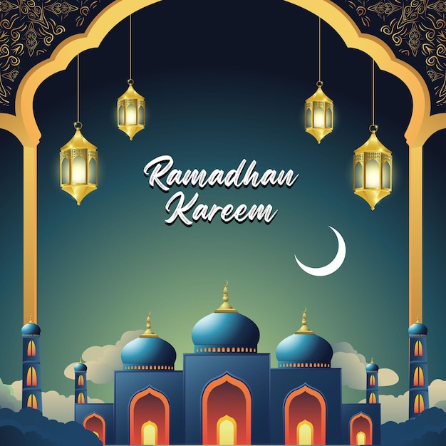Ramadan Kareem Poster für die Begrüßung mit Moschee Ornamenten Papier geschnittenen Wolken