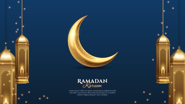 Vektor ramadan kareem poster mit einem goldenen halbmond und lichtern.