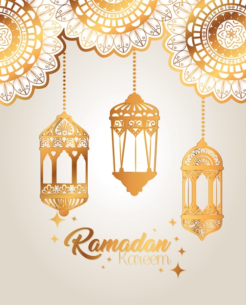 Ramadan kareem poster mit hängenden laternen