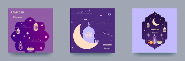 Ramadan kareem poster urlaub grußkarte set islamische postkarte banner vorlage modernes design mit geometrischem muster und traditionellen ornamenten in blau gold lila vektor