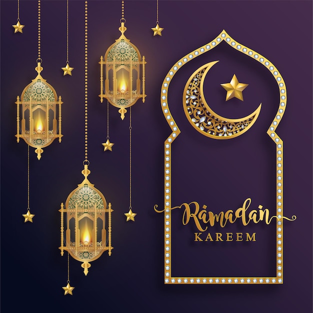 Ramadan kareem, ramadhan oder eid mubarak von muslimen, die den islamischen hintergrund mit goldmustern und kristallen auf papierfarbhintergrund grüßen. (übersetzung: ramadan kareem)