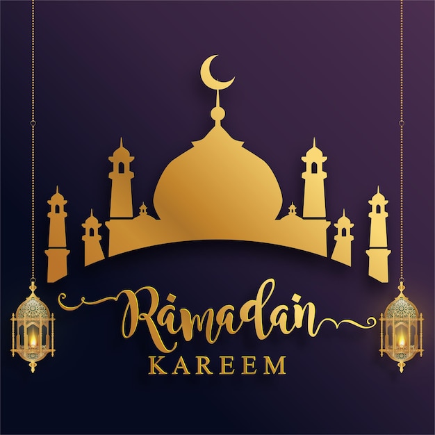Ramadan kareem, ramadhan oder eid mubarak von muslimen, die den islamischen hintergrund mit goldmustern und kristallen auf papierfarbhintergrund grüßen. (übersetzung: ramadan kareem)