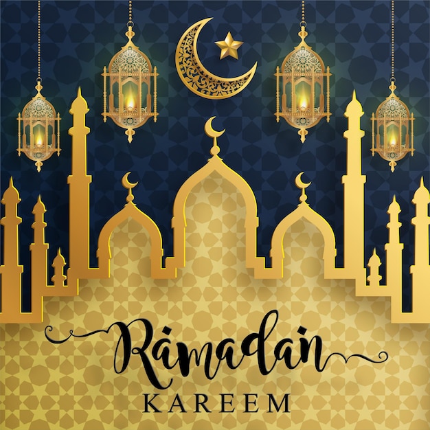 Ramadan kareem, ramadhan oder eid mubarak von muslimen, die den islamischen hintergrund mit goldmustern und kristallen auf papierfarbhintergrund grüßen. (übersetzung: ramadan kareem)