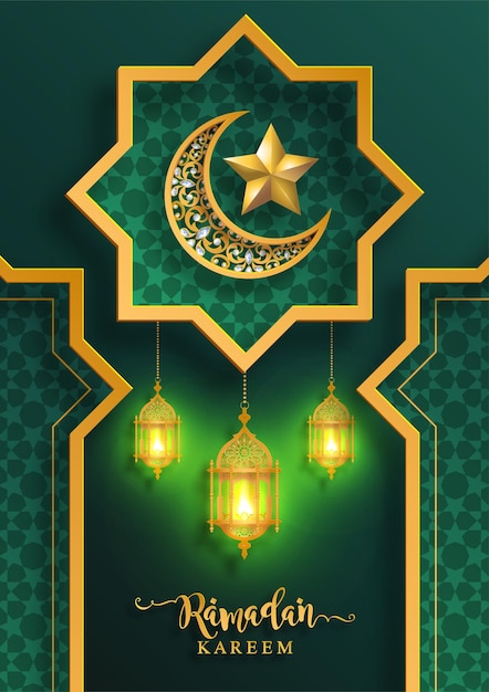 Ramadan kareem ramadhan oder eid mubarak von muslimen, die hintergrund islamisch mit goldmuster und kristallen auf papierfarbhintergrund grüßen übersetzung ramadan kareem