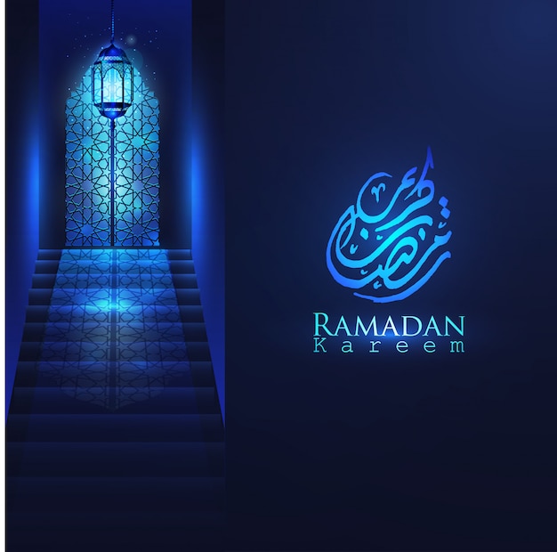 Ramadan kareem schöne moscheentür mit arabischem design, glühender laterne und treppe für islamischen grußvektorhintergrund