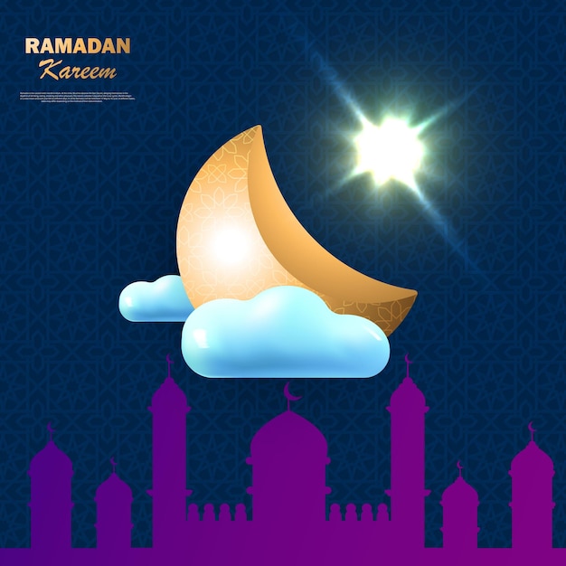 Ramadan Kareem Urlaubsdesign Halbmond mit goldenem Stern und blauen Wolken Im Hintergrund ist die Silhouette einer Moschee Festliches Banner Poster Flyer Broschüre Postkarte Vektor