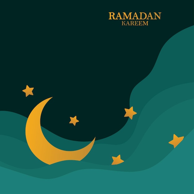 Vektor ramadan kareem vektor hintergrund 3d-papier geschnitten wellen und sterne auf der nacht himmel vorlage mit goldenem mond