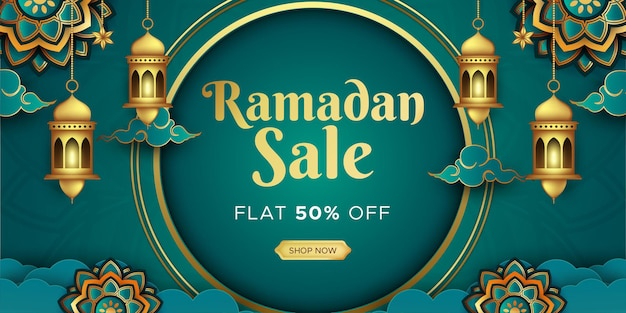 Ramadan Kareem Verkauf Banner Web Header Design mit hängenden komplizierten Laternen Vorlage