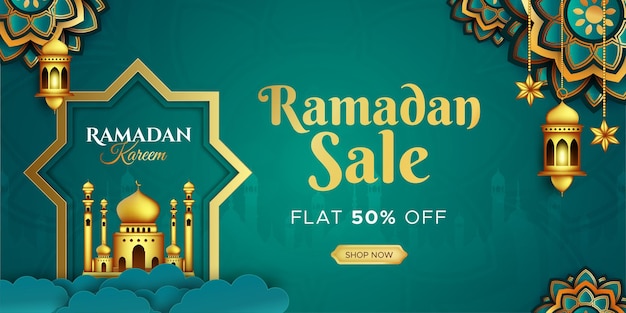 Ramadan kareem verkauf banner web header design mit hängenden komplizierten laternen vorlage