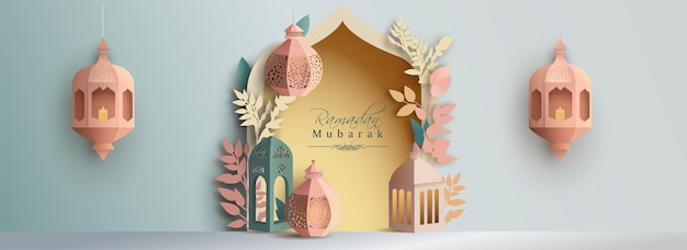 Vektor ramadan mubarak-banner-design mit arabischen laternen aus origami-papier auf blättern, verziert mit gelber bogenform und hellgrünem hintergrund