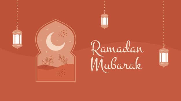 Ramadan-mubarak-bannerhintergrund mit fenstermond und laternen