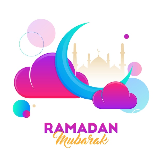 Ramadan, mubarak, begriff, mit, steigung, halbmond, wolken, und, silhouette, moschee, weiß, hintergrund