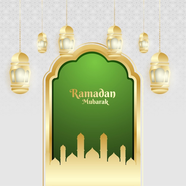 Ramadan mubarak feier design mit realistischen laternendekorationen und goldenen türen