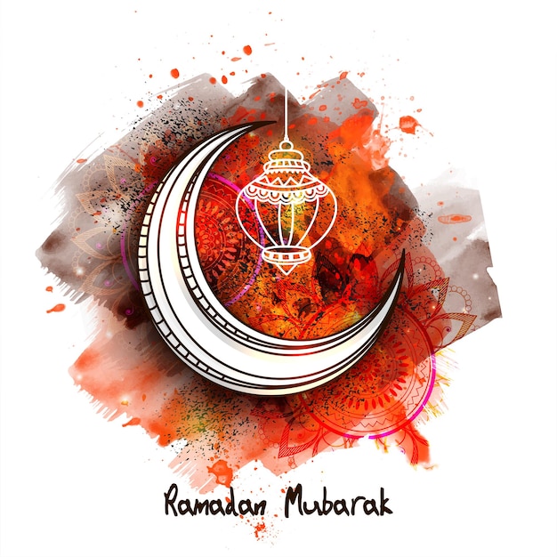 Vektor ramadan mubarak-feier-konzept mit halbmond-hängender laterne und aquarell-bürsten-effekt auf weißem hintergrund