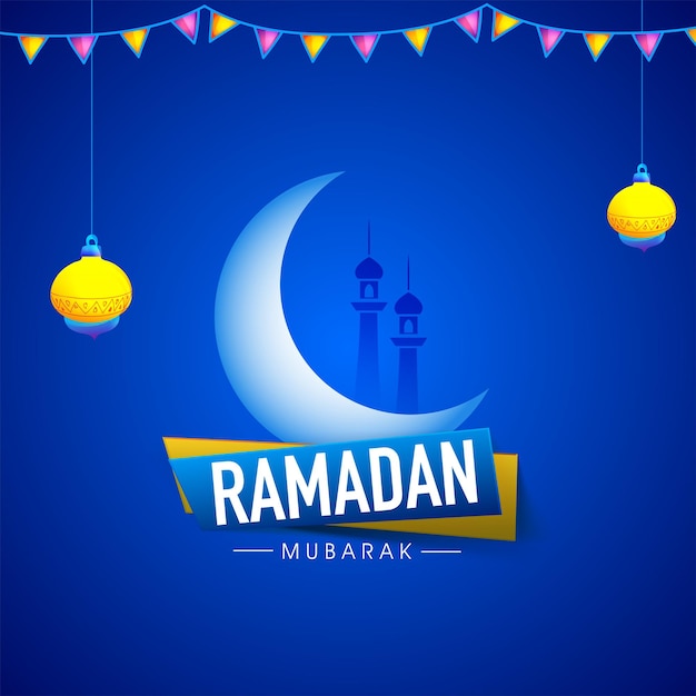 Ramadan mubarak-konzept mit glänzenden halbmond-minaretten, hängenden laternen und ammerfahnen, die auf blauem hintergrund dekoriert sind