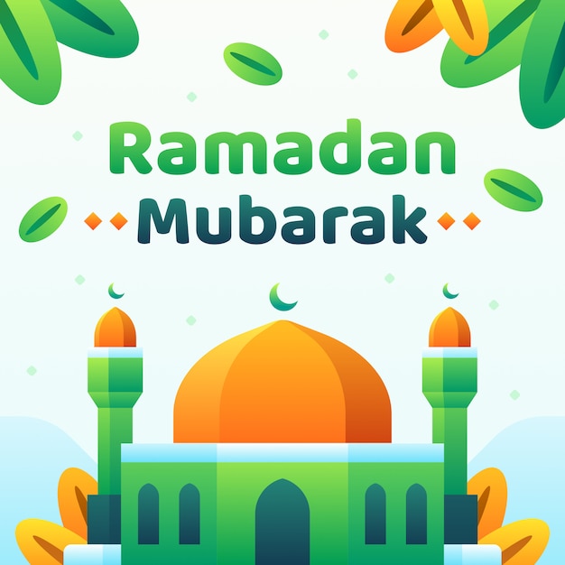 Vektor ramadan mubarak text mit moschee und pflanzen