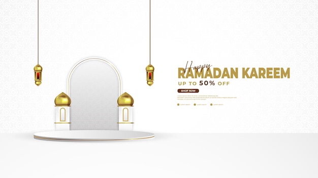 Ramadan-podiumshintergrund in weiß und gold mit laternenmoschee und podiumselementen, die für aktivitäten im islamischen hintergrund geeignet sind