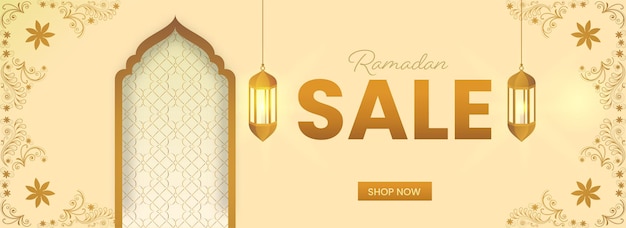 Ramadan Sale Banner oder Header Design mit beleuchteten Laternen hängen und Papier Moschee Türform auf gedeihen pastellorange Hintergrund