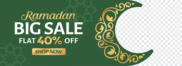 Ramadan sale web-banner-design mit blumenhalbmond in goldener und grüner farbe