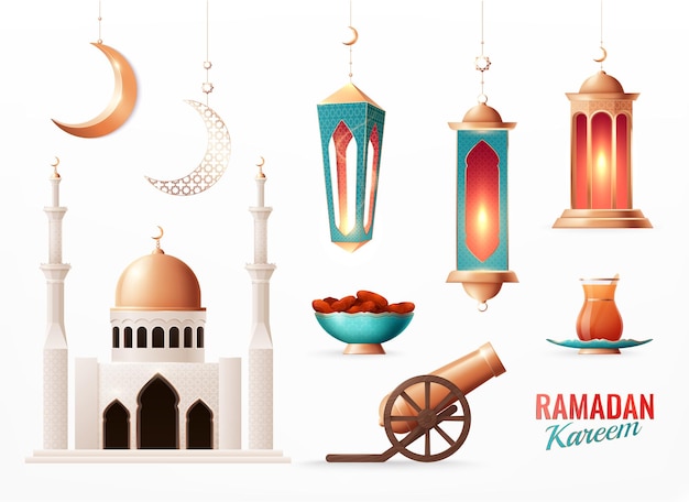 Ramadan-satz realistischer symbole mit text, isolierte bilder von laternen, die mond und moscheegebäude-vektorillustration hängen