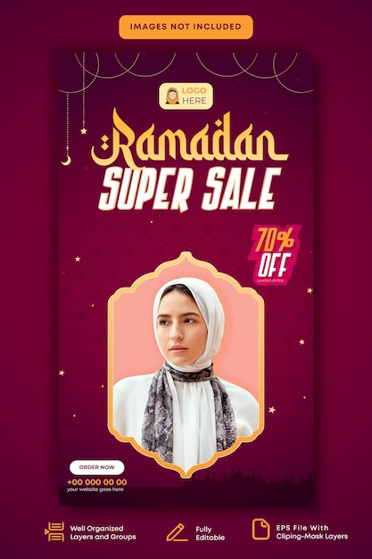 Ramadan super sale lila farbe social media story promotion design premium template eps