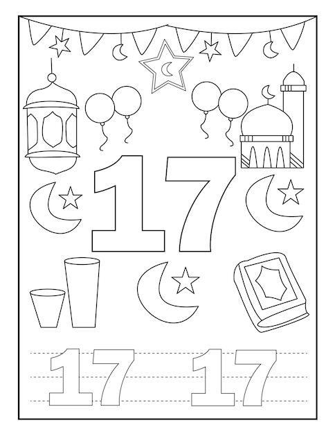 Ramadan-zahlen-malbuch für kinder mit niedlichen designs