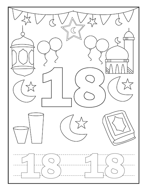 Ramadan-zahlen-malbuch für kinder mit niedlichen designs