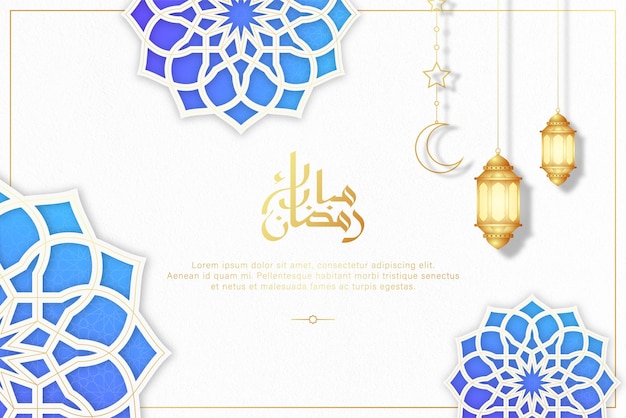 Ramadhan blauer Hintergrund mit goldener Laterne und Papiermandala