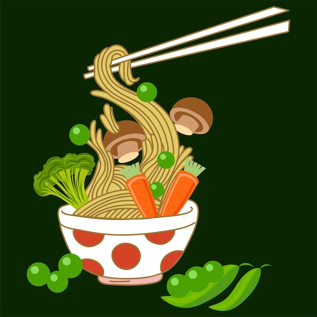 Ramen mit bohnen auf dunkelgrünem hintergrund. vektorillustration.