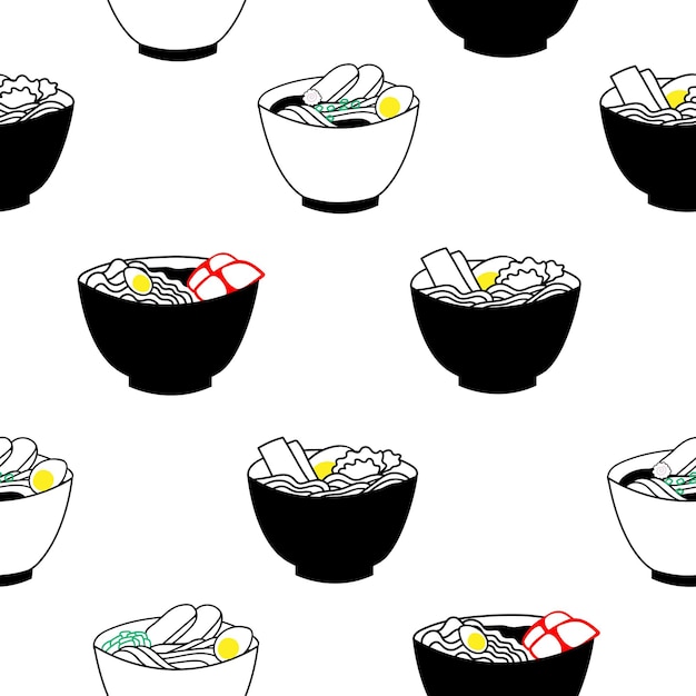 Ramen nahtloses muster im doodle-stil. verschiedene handgezeichnete schalen mit chinesischen eiernudeln. asiatische küche. vektorillustration lokalisiert auf einem weißen hintergrund.