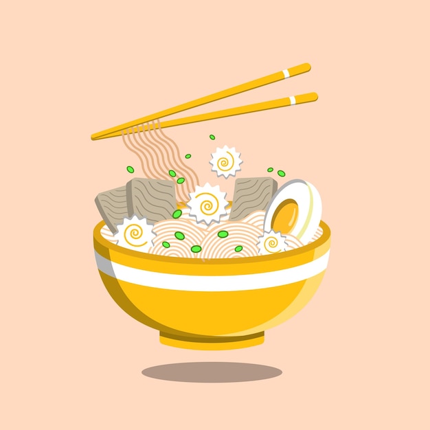 Ramen-Nudel-Ei und Fleisch mit Essstäbchen-Vektor-Cartoon