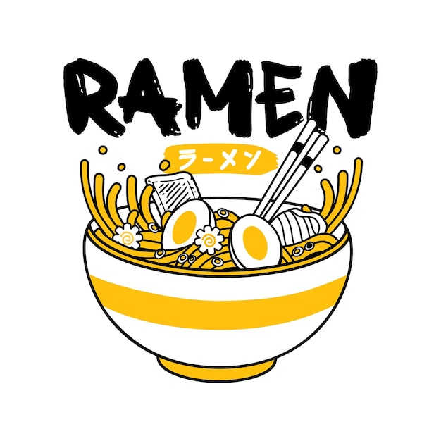 Ramen-nudeln-vektorillustration auf schüssel und essstäbchen mit flachem retro-stil. nudelsuppe.