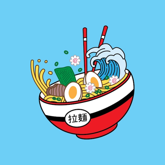 Ramen-Nudeln-Vektorillustration auf Schüssel und Essstäbchen mit großer Wellenweinlese im Retro-Flat-Stil.