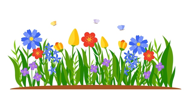 Rand der blumen, die im gras, im frühling tulpennarzissen oder in den gänseblümchen im flachen karikaturstil wachsen