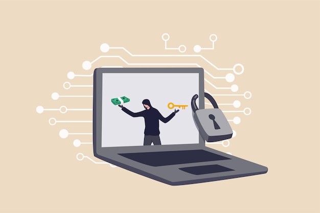 Ransomware-Computerkriminalität, Hacker-Angriffsfirmennetzwerk bittet um Geld, um Daten über das Internet-Konzept freizuschalten, Hacker im Computer-Laptop-Monitor bitten um Lösegeld, um den Computer zu entsperren.