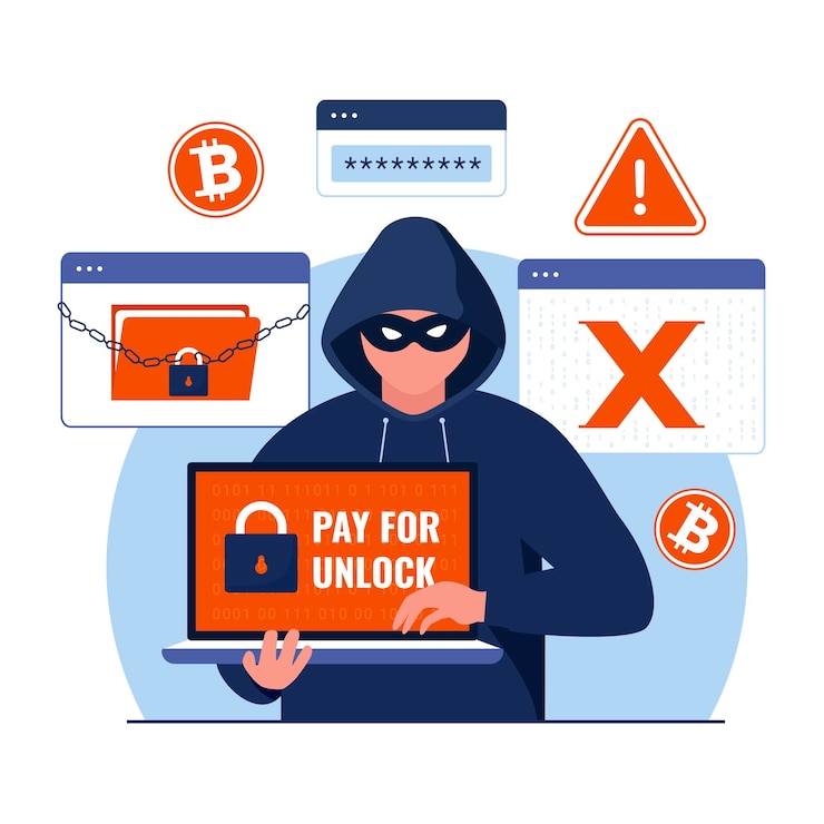 Vektor ransomware mit hacker-angriff illustrationskonzept illustration für websites zielseiten mobile anwendungen poster und banner trendige flache vektorillustration