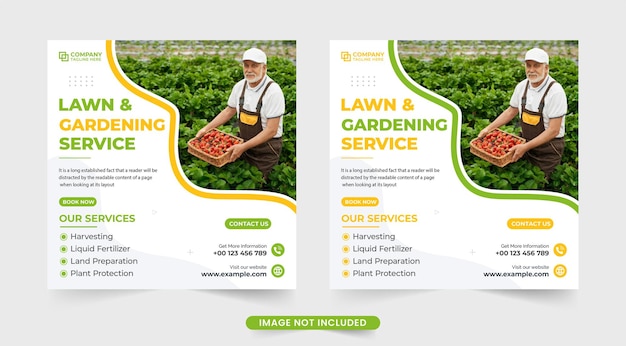 Rasenmäher-Service-Social-Media-Template-Design für Wirtschaftsförderung Web-Banner-Vektor für Garten- und Landschaftsbau mit abstrakten Formen Werbungsvorlage für Agro- und Landwirtschaftsunternehmen