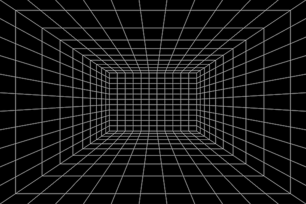 Rasterraum in der perspektive im 3d-stil. indoor-drahtmodell aus linien, schabloneninnenquadrat