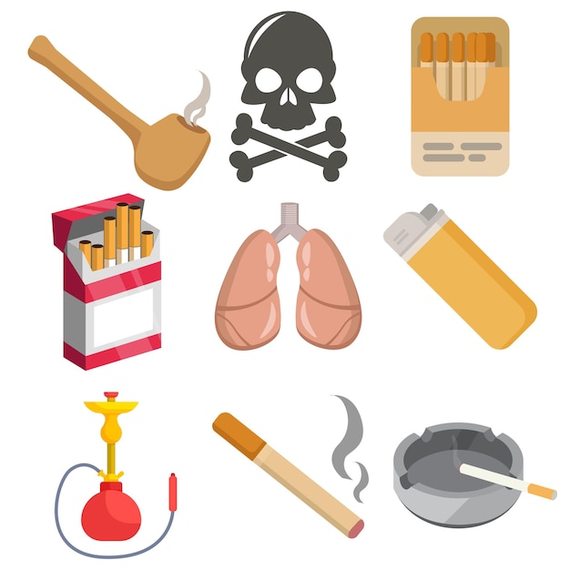 Rauchen vektor-clipart-set mit feuerzeug tabakpfeife zigarettenanzünder feuer tod shisha