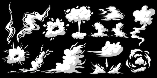 Rauchwolken setzen Windstrom Comicraum Cartoonstaub weiße Silhouette grafische Bouffant-Effekt-Design isolierte Elemente für Spiele Staub und Nebel explodierende Bewegung Vector garish Sammlung