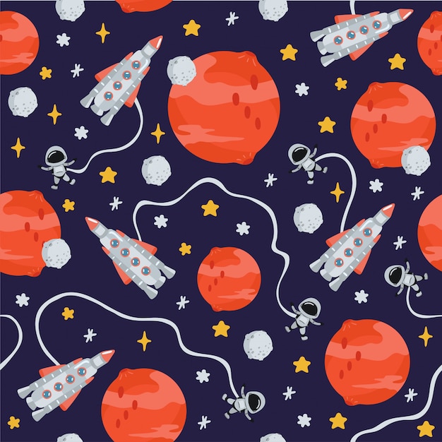 Raum kinder nahtloses muster mit planeten, rakete im cartoon-stil. nette textur für kinderzimmerdesign