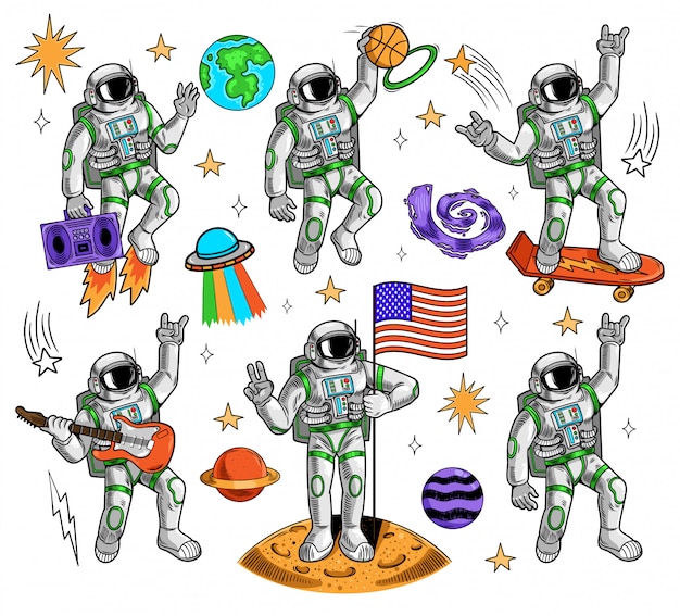 Raum Set Bündel Gravur Sammlung mit verschiedenen Astronauten Raumanzug Erde Planeten Sterne UFO Galaxie Meteorit Vintage Gekritzel Cartoon Illustration Pop-Art-Comics Stil Kinder Kinder drucken Design.
