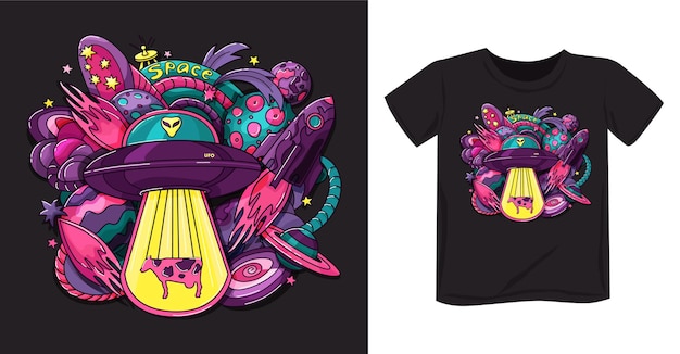 Raumdruck mit alien untertasse, rakete, planeten, sterne t-shirt design