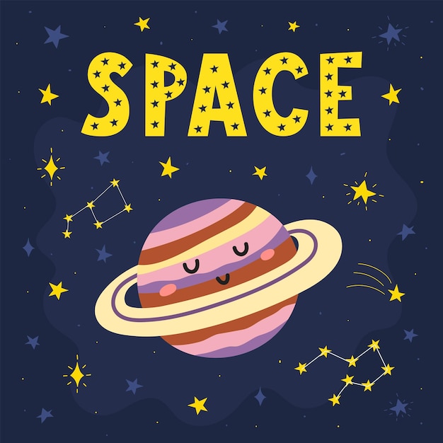 Raumdruck mit niedlichem saturn. kosmische karte im cartoon-stil mit lustigem planetencharakter