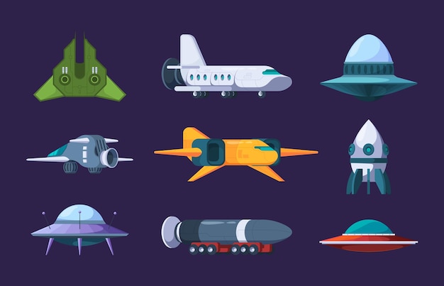 Raumfähren raketen und außerirdisches ufo-jet-shuttle-universum, das futuristische planer fliegt, grelle vektor-flachsammlung