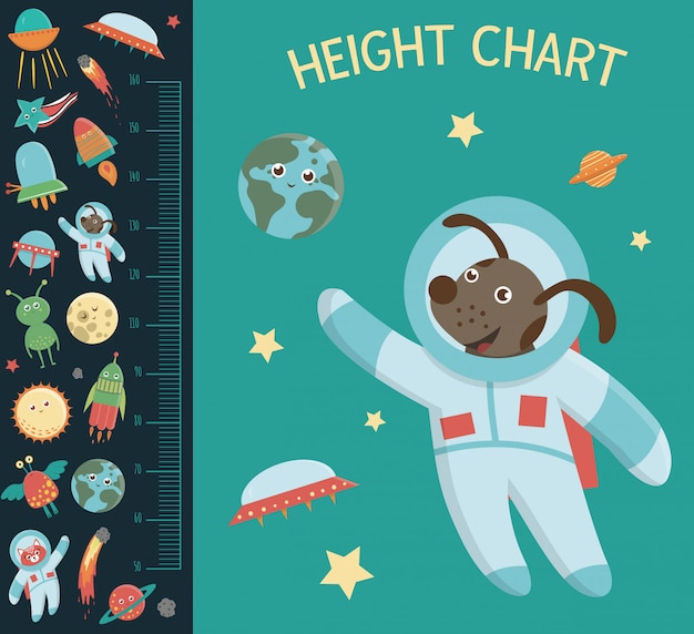 Raumhöhen-diagramm. bild mit kosmischen elementen für kinder. messskala mit ufo, planet, stern, astronaut, komet, rakete, asteroid.