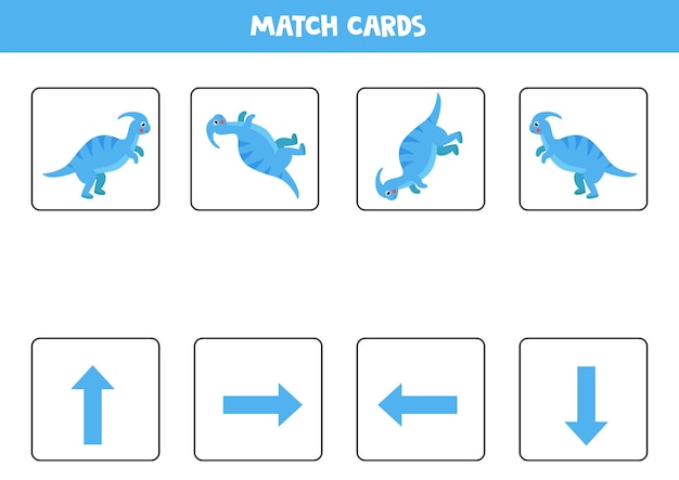 Vektor raumorientierung mit niedlichem dinosaurier. links, rechts, oben oder unten. lernspiel.