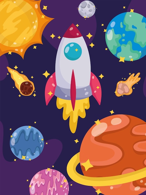 Raumstart Raumschiff Planeten Komet Mond und Sonne Cartoon Illustration